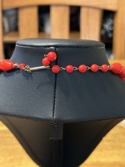 Vintage Vibrant Red Glass Ball &Tear Drop Bead Necklace Rhinestone Rondel Accent