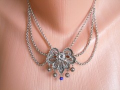 Necklace Collar Colored Stones Blue Metal Silver Tone 23.6 G/Adjustable 34-39 Cm