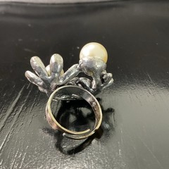 Vintage Adjustable Rhinestone, Pearl & Silver Tone Cocktail Ring, Statement EUC