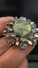 Vintage Cabochon Brooch Pin Earring Set Blue Green Artsy Stone Rhinestones