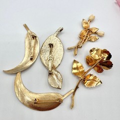 Vintage Flower Pins Leaf Pins Rose Bouquet Fall Autumn Fall Gold Tone Luxe Glam