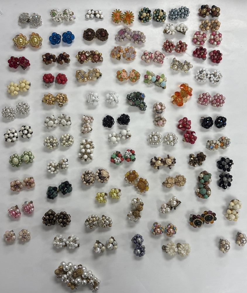 Huge Lot 74 Pair Vintage Cluster Bead Clip On Screw Back Earrings Japan Germany