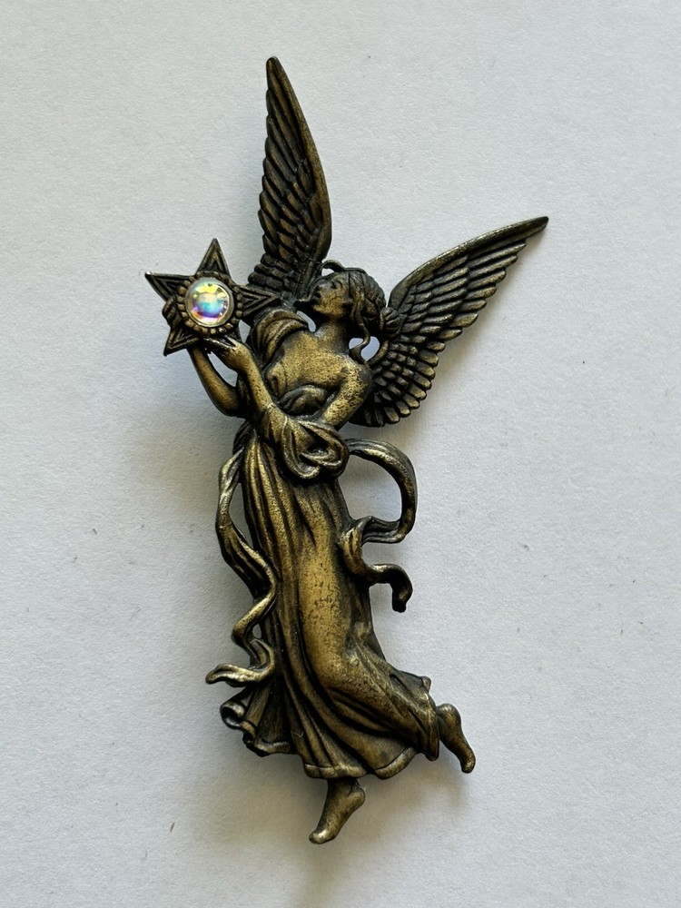 Vtg Bronze Toned JJ Jonette Winged Fairy Brooch Pin w Glowing Star 3.25″