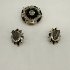 Vintage Brooch Earrings Black and AB Acrylic Beads Black Enamel
