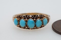 ANTIQUE VICTORIAN ENGLISH 15K GOLD NATURAL TURQUOISE 5 STONE RING c1870