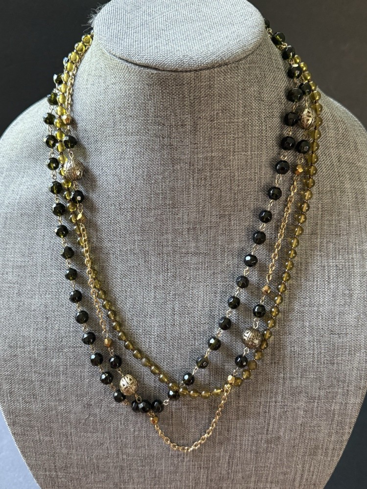 Vintage Triple Strand Statement Necklace Glass Bead Chain Gold Tone Boho Career
