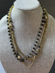 Vintage Triple Strand Statement Necklace Glass Bead Chain Gold Tone Boho Career