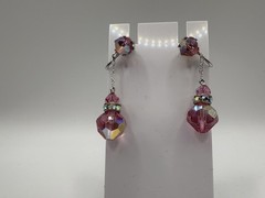 2 Pairs Pink AB Aurora Borealis Crystal Dangle Drop Clip-on Earrings Vtg