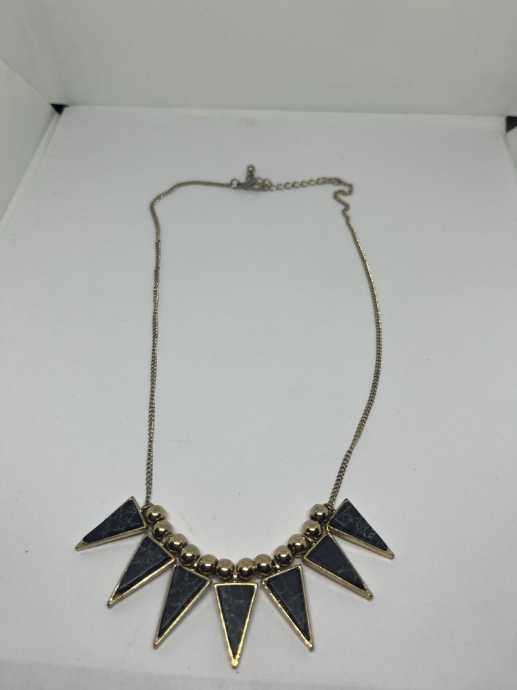 Goldtone Bead Triangle Faux Black Crackle Stone Dangles 17” Bib Necklace