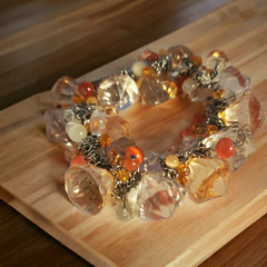 Bracelet, Stretch Clear Faceted Orange White Cats Eye Beads (F110)