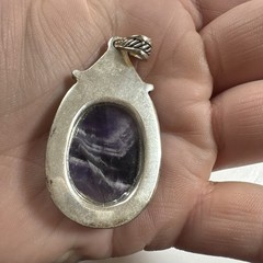 Vintage Imitation Amethyst Pendant Oblong 2 ” Silver Tone Metal