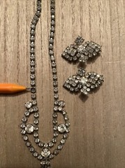 vintage rhinestone necklace & Clip Earrings; Missing One Stone As Pictured