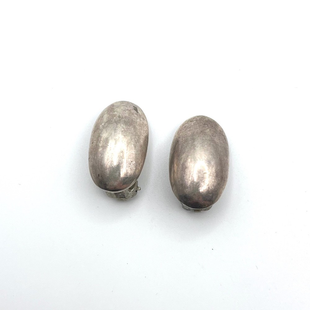 Vintage Silver Tone Oval Dome Clip On Earrings Minimalist Mid Century Style