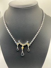 Vintage Clear Rhinestone Teardrop Dangle Necklace Silver Tone 16” Wedding Prom