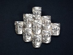 Modernist Brutalist Sculptural Brooch Pin Crowd of People Female Women, Rare