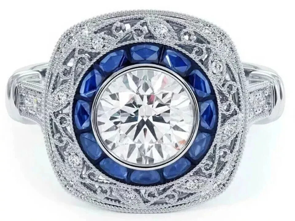 Art Deco Style Lab-Created Diamond Sapphire Engraving Ring 14k White Gold Finish