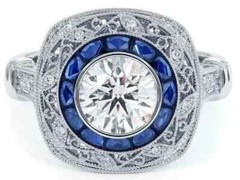 Art Deco Style Lab-Created Diamond Sapphire Engraving Ring 14k White Gold Finish