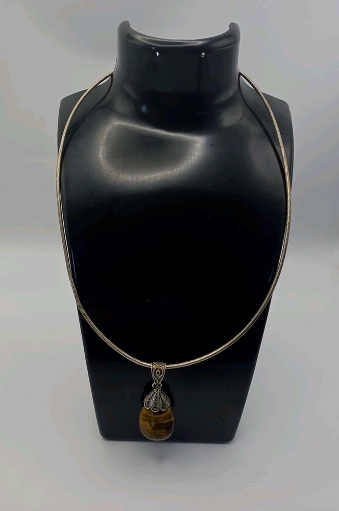 Vintage Milor Italy Necklace Sterling Silver With Tigers Eye Pendant 16.5”
