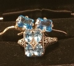 Art Deco Antique Blue Topaz Diamond Accent Ring & Earrings Set,Size 10, 925 &CNA