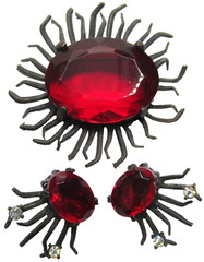 Gorgeous Spikey Japanned Metal Red Glass Vintage Brooch Earring Set