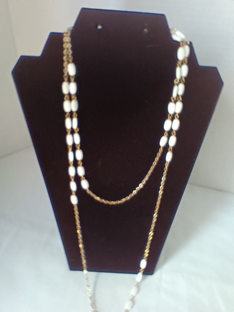Vintage White Gladd Bead Long Opera Necklace Gold Tone Chain Link 24 in