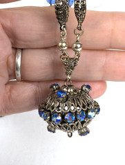 WEST GERMANY Pendant/Necklace Earring Set Blue AB Rhinestone Faux Pearls 1950s