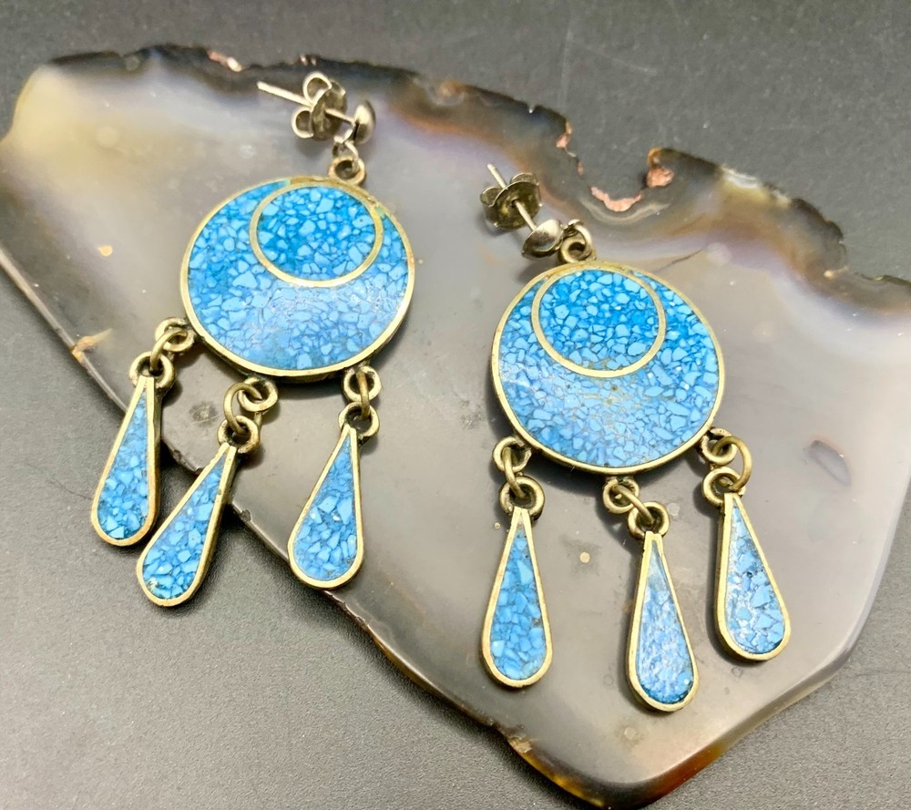 Vintage Drop Earrings Mexican Alpaca Silver Crushed Turquoise Inlay Western