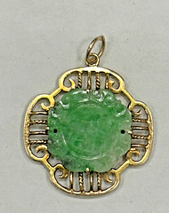 Antique Vintage Asian Style 14k Yellow Gold Pendant With Garved Jade Gemstone