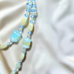 Vintage 1950s 1960s Aqua Glass Crystal Long Beaded Necklace AB Mid Century 33″