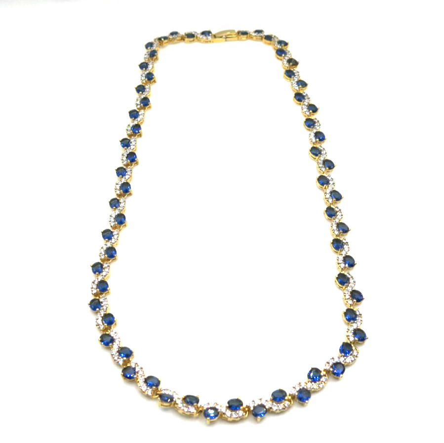 Vintage Sapphire & Diamond Necklace – 18K Gold Plated, 18” Luxury Jewelry