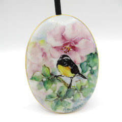 Hand Painted Artisan Signed Bird Porcelain Large Brooch Pin Pendant Earrings Set