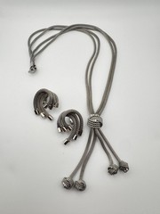 Vintage Mesh Necklace Earring Set Tassel Silver Tone Knot Lariat Clip On