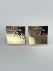 Vintage Swank square mens cufflinks raised etched leaf motif with black enamel