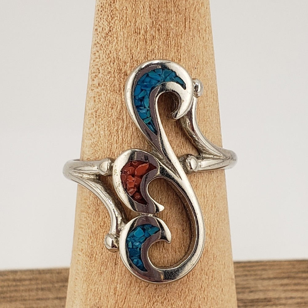 Silvertone Southwest Ring 7.5 Filigree Swirl Turquoise Coral Inlay Artist Signed