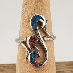 Silvertone Southwest Ring 7.5 Filigree Swirl Turquoise Coral Inlay Artist Signed