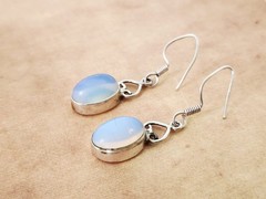 Vintage Opalite Gemstone Nickel Silver Dangle Drop Earrings