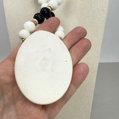 Vintage Japan Beaded Necklace Black White Gold Leaf Pendant Mid Century Modern