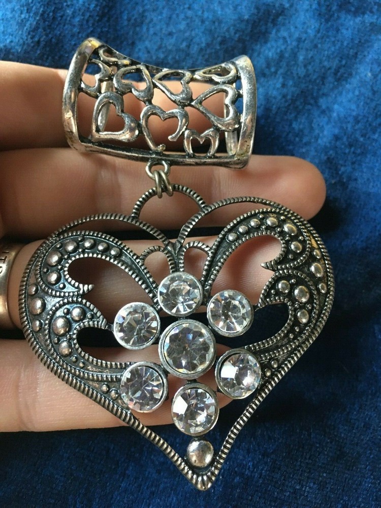 Vintage Slide Open Work Silver Tone Rhinestone Heart Charm Scarf Pendant 3.5″