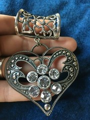 Vintage Slide Open Work Silver Tone Rhinestone Heart Charm Scarf Pendant 3.5″