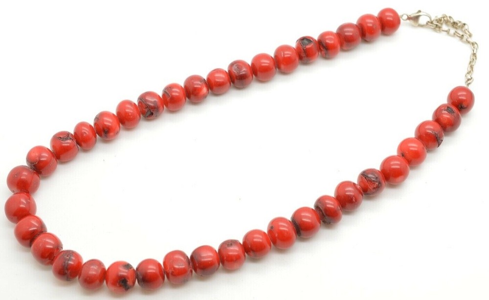 Vintage Sterling Silver Red Ox Blood Magnesite Bead Necklace 18″ Long 74 Grams