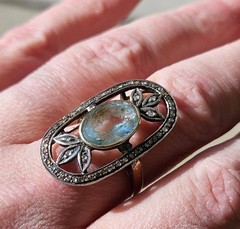 Antique Aquamarine And Rose Cut Diamond 18k And Silver Topped Ring.