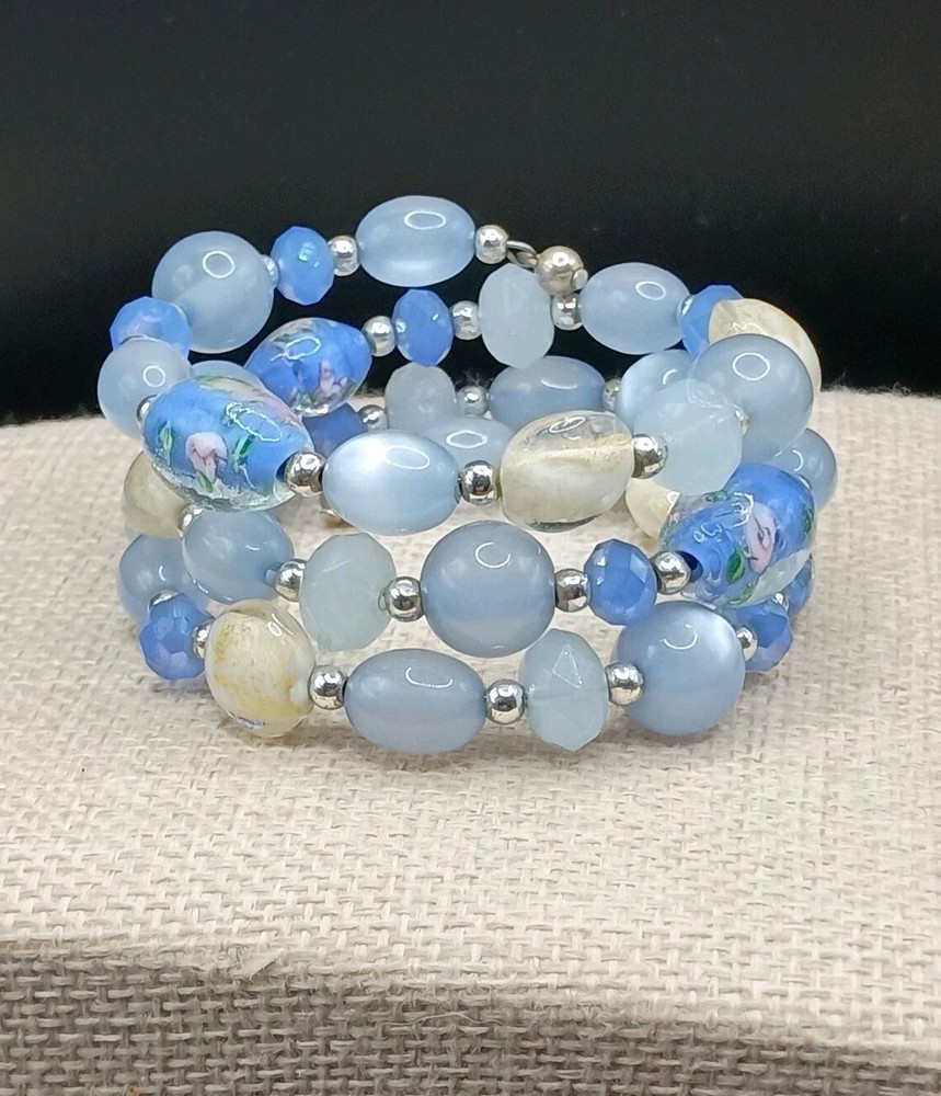 Vintage Venetian Glass Floral Beaded Bracelet Blue Moonglow Lucite Wrap Adjusts