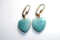 Vintage Carved Heart Larimar Lever back Earrings in 14K GF