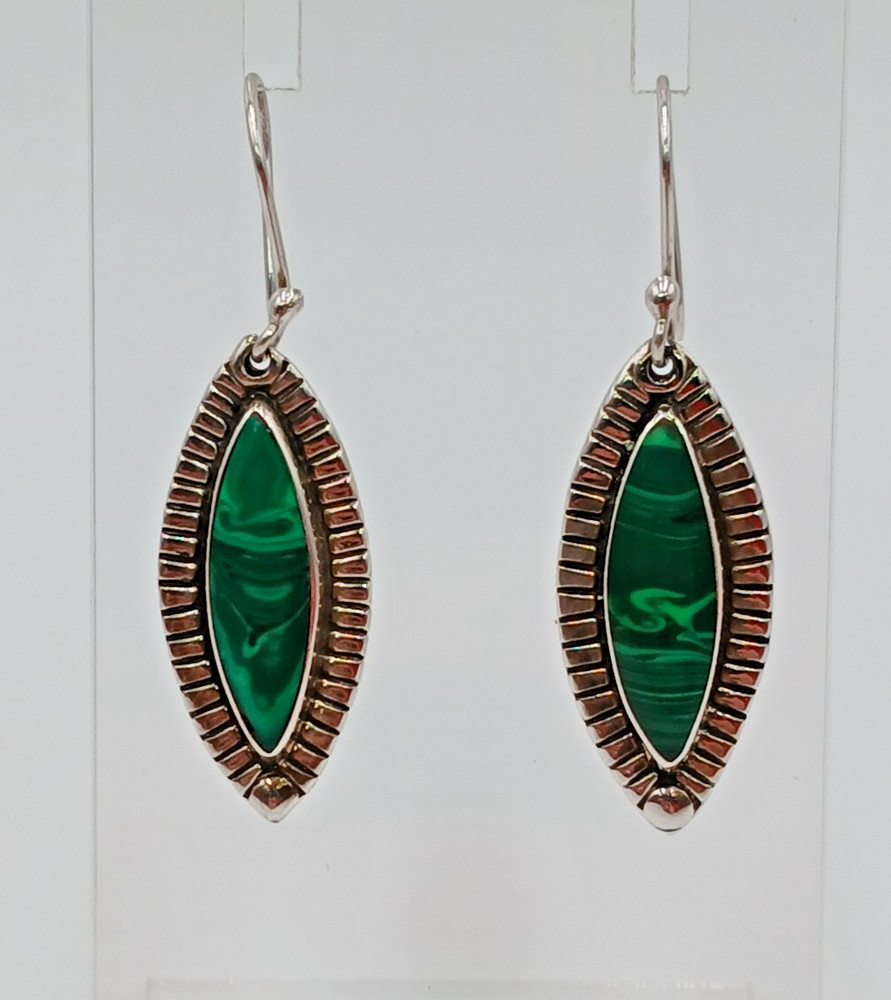 925 ATI Mexico Malachite Earrings 1.75in Drop Sterling Silver 6g Marquise Bezel