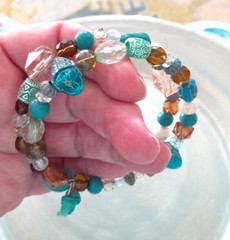 Vintage Boho Style 1980’s Teal Blue Brown Acrylic Beads Wrap Bracelet Fits All