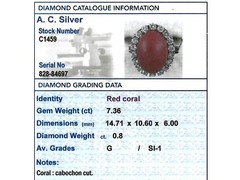 7.36 Ct Red Coral 0.80 Ct Diamond 18k White Gold Cocktail Ring Circa 1970
