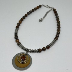 Vintage Modernist Geometric Disk Pendant Necklace Industrial Metal Resin Bead