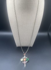 VTG Celtic Scottish Cross Pendant Necklace Multicolor Glass Stones 22″ inch