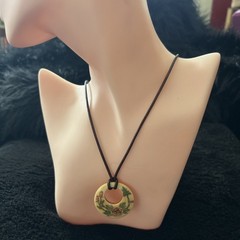 Vintage Engraved/Painted Pendant Strung On 24” Leather Cord-2Wood Beads on Ends