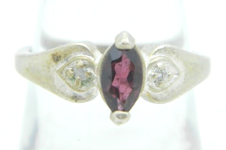 .925 Sterling Silver Almandine Garnet Clear Rhinestone Ring Size 7 Vintage